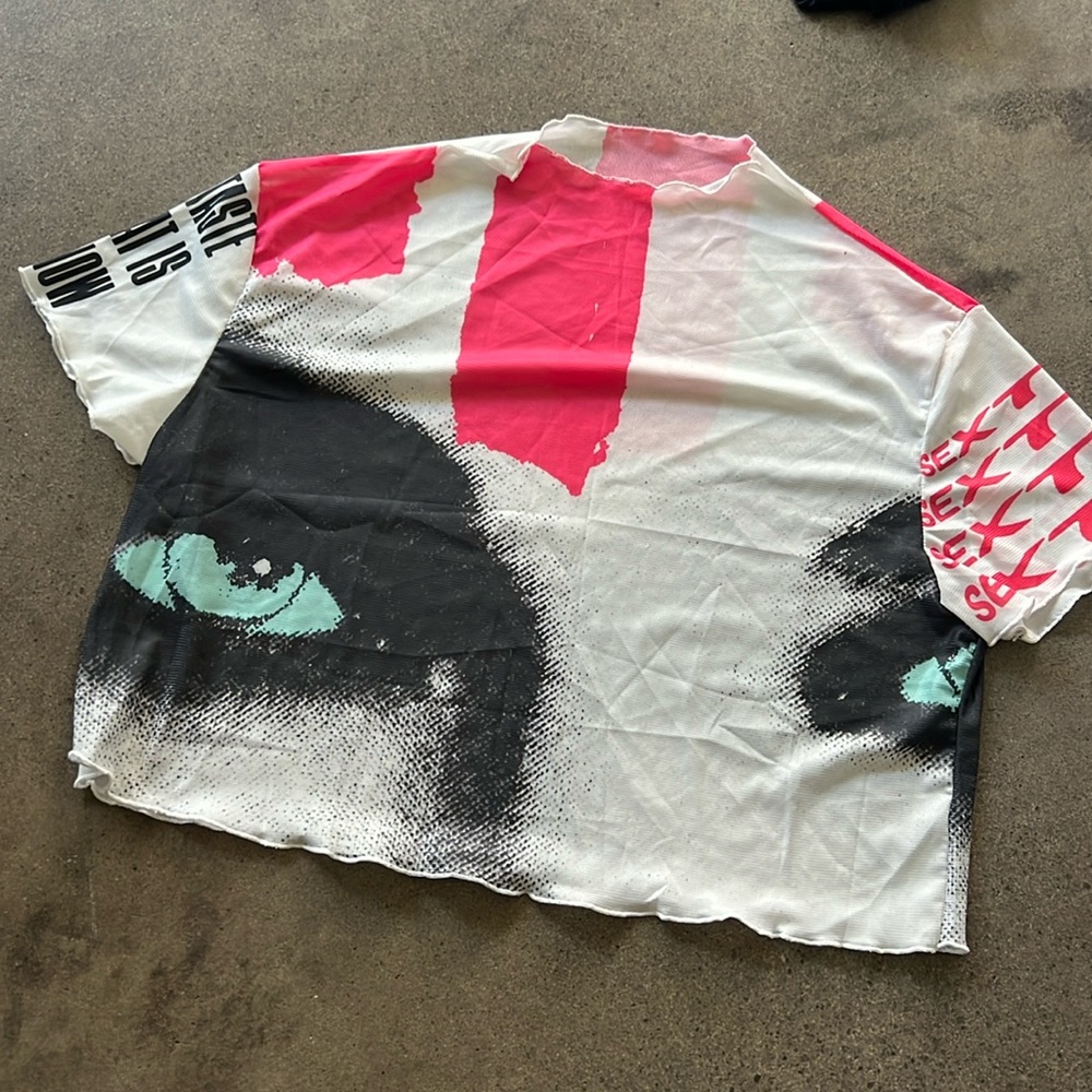 Dolls Kill White Pink Graphic Crop Top with Black & Aqua Eyes